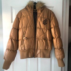 ROCKAWEAR | Tan leather bomber/puffy jacket